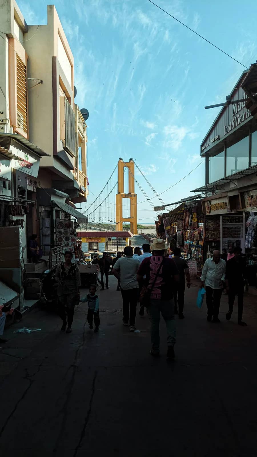 A market street leading to the Sudama Setu footbridge, Dwarka
