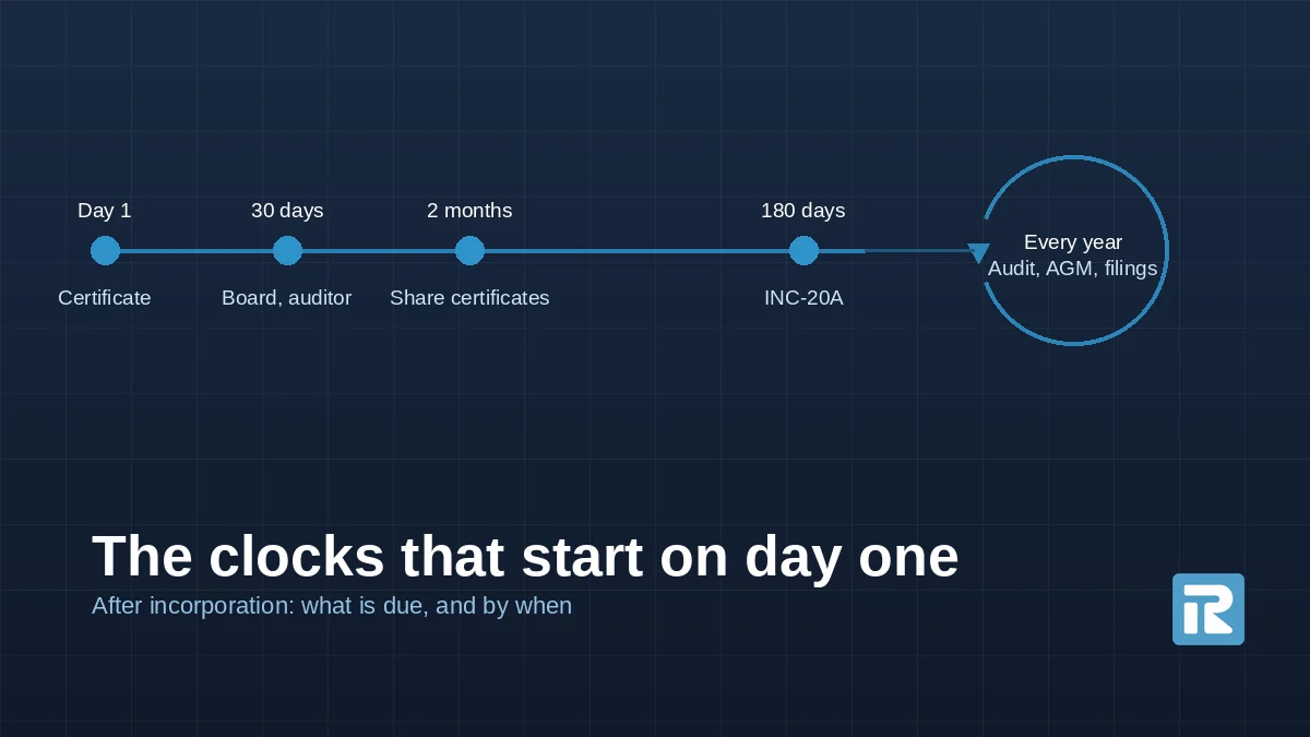 Timeline: board and auditor by 30 days, share certificates by 2 months, INC-20A by 180 days