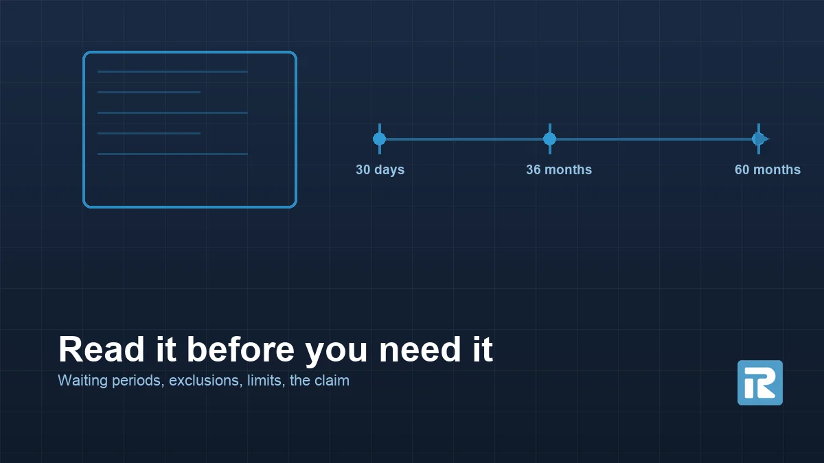 Diagram of a policy document beside a timeline marked at 30 days, 36 months and 60 months, the waiting period and moratorium milestones in a health insurance policy