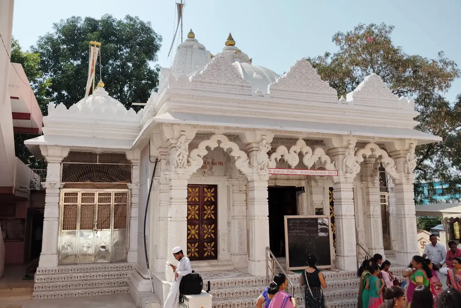 The marble facade of the Vasupujya Jain temple, Godhra