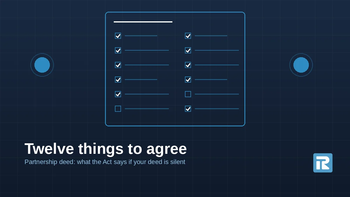 Diagram: two partners either side of a deed with twelve clause rows, ten agreed and two still open