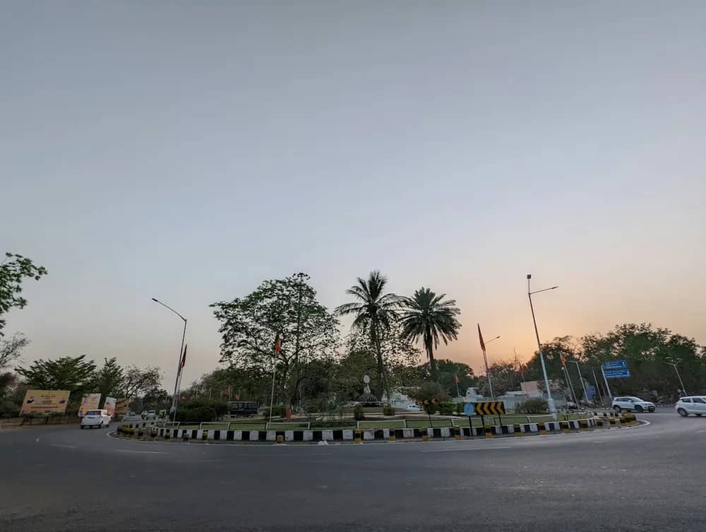 A palm-lined roundabout in Gandhinagar